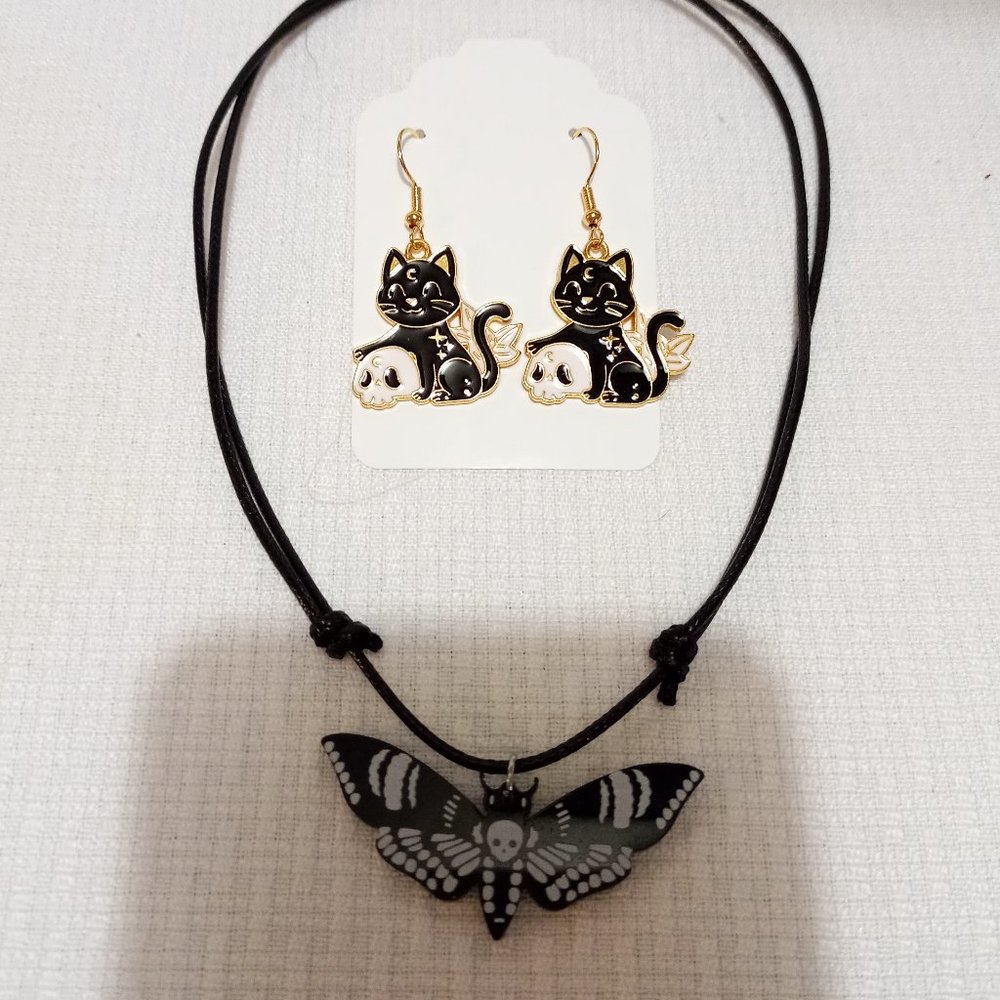 Skull Moth Choker Necklace & Skull Cat Earrings ~Gothic Jewelry